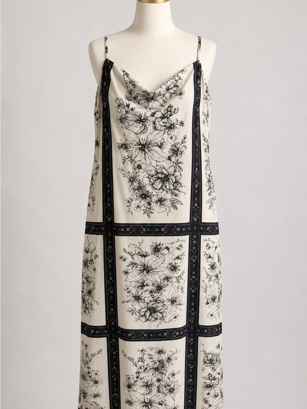 Monochrome Floral Tile Slip Dress Cowl Neck Midi Scarf Print Strappy Size Small